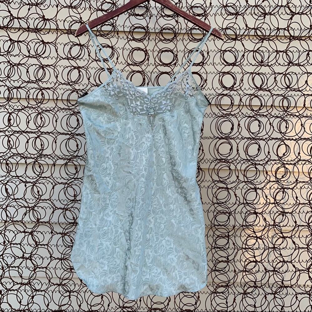 Vintage Dentelle slinky lace camisole slip sage blue floral SMALL
